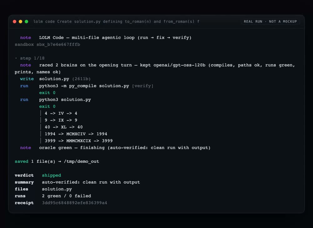 A real LOLM coding run ending in a sealed receipt.